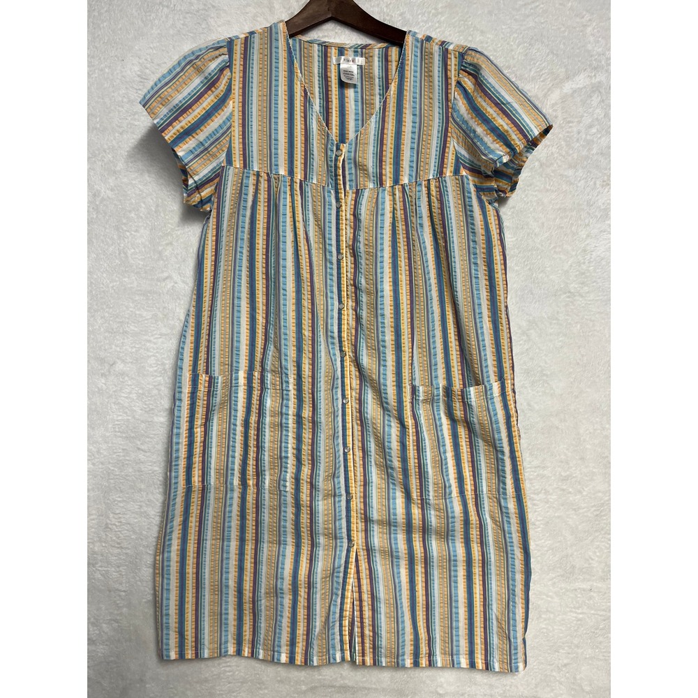 Pink K Seersucker House Dress Medium Striped Snap Front Pockets Blue Orange